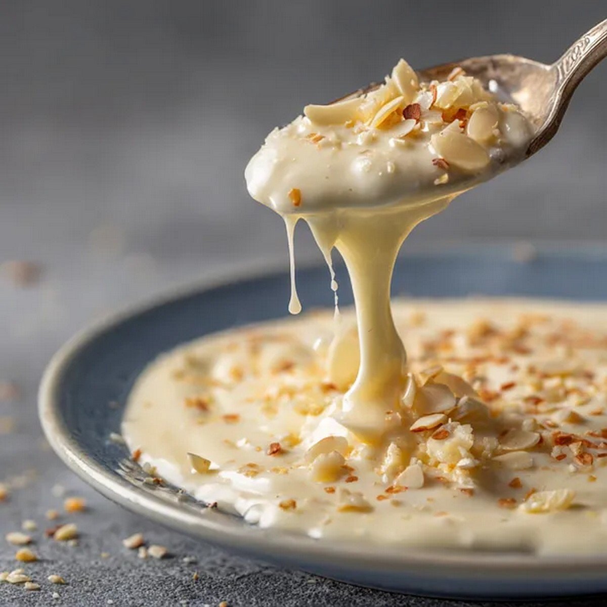 fork lifting pasta coated with garlic parmesan cream sauce dripping slowly
