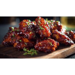glossy honey bbq wing sauce coating crispy chicken wings