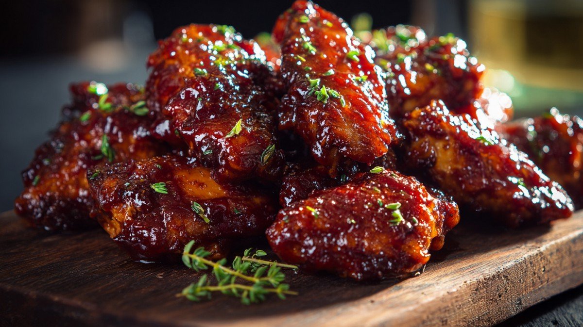 glossy honey bbq wing sauce coating crispy chicken wings