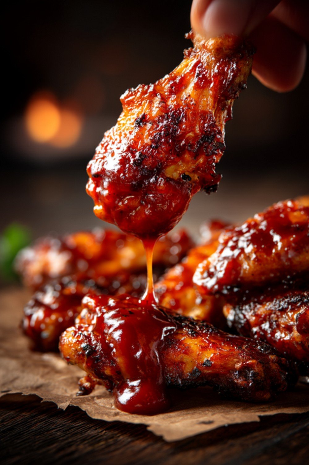 chicken wings dipped into honey bbq wing sauce with sticky glaze