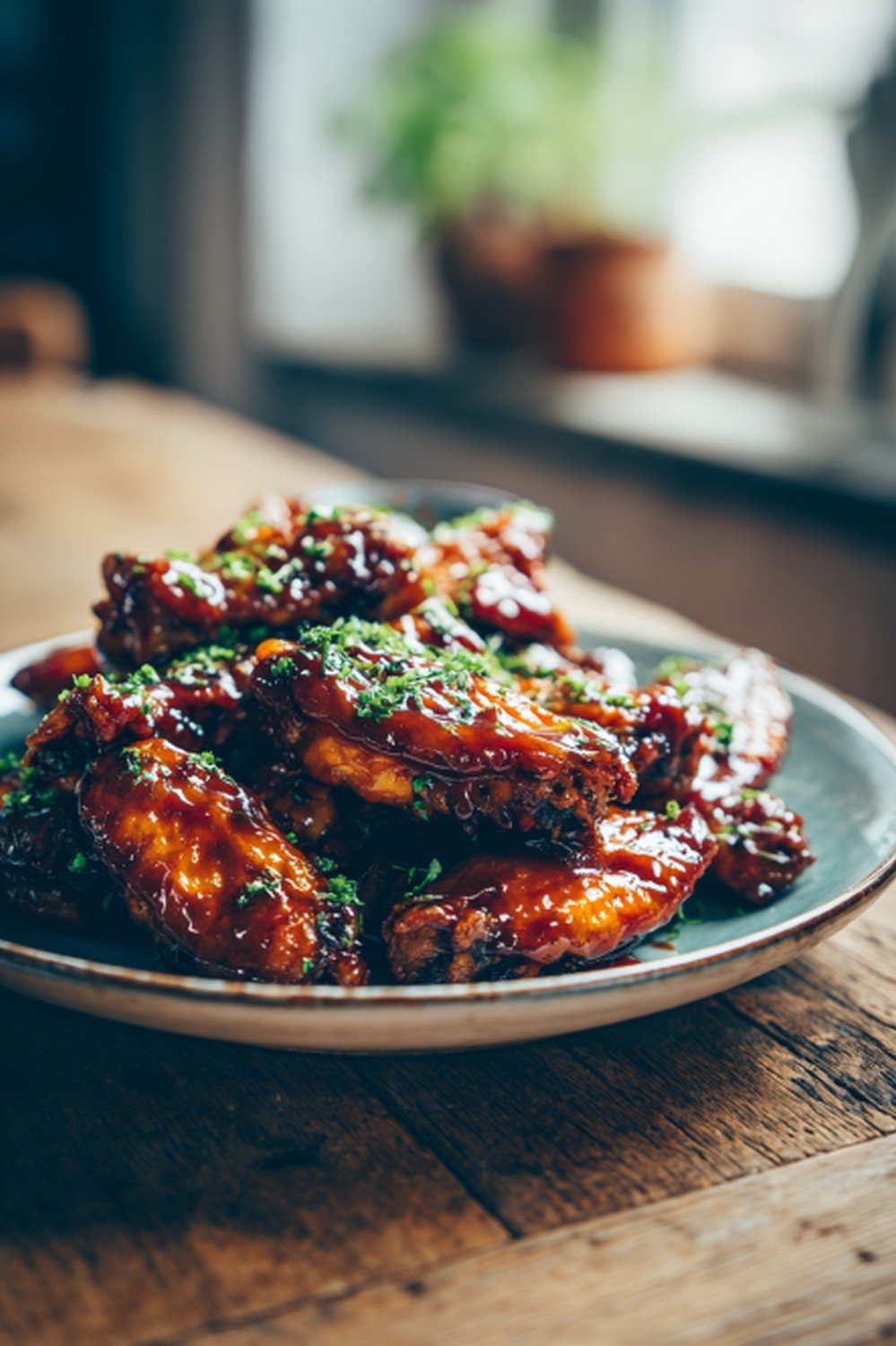 honey bbq wings served with dipping sauces on table