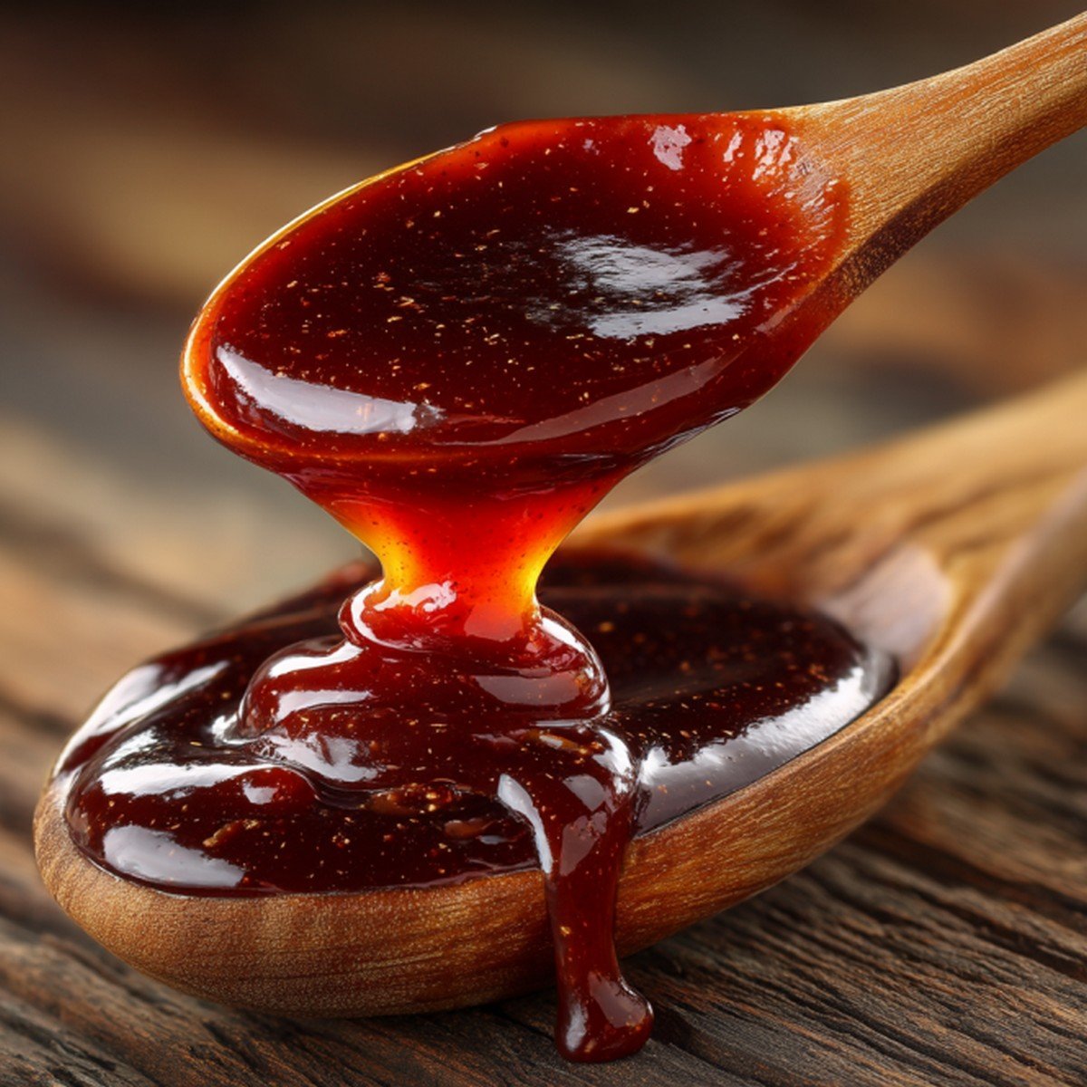 thick glossy honey bbq wing sauce texture close up