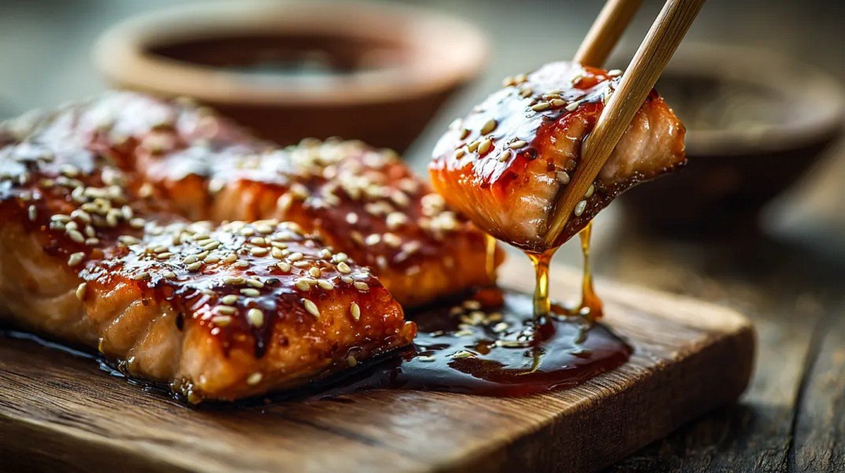 honey garlic salmon sauce glazed over grilled salmon fillet