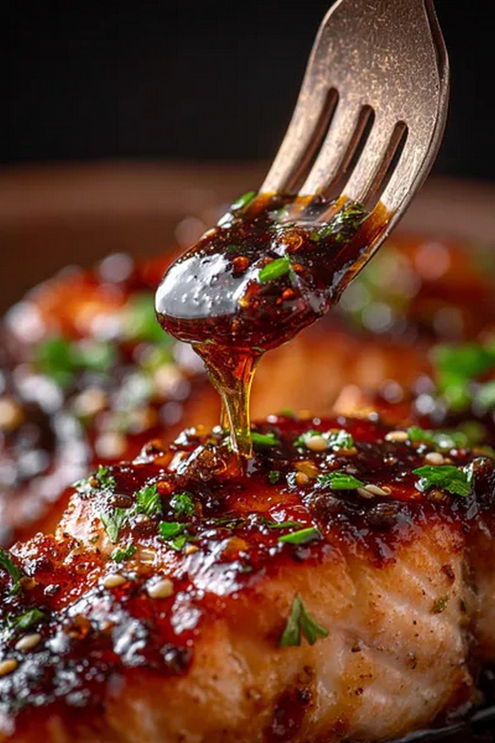 salmon piece dipped in honey garlic salmon sauce
