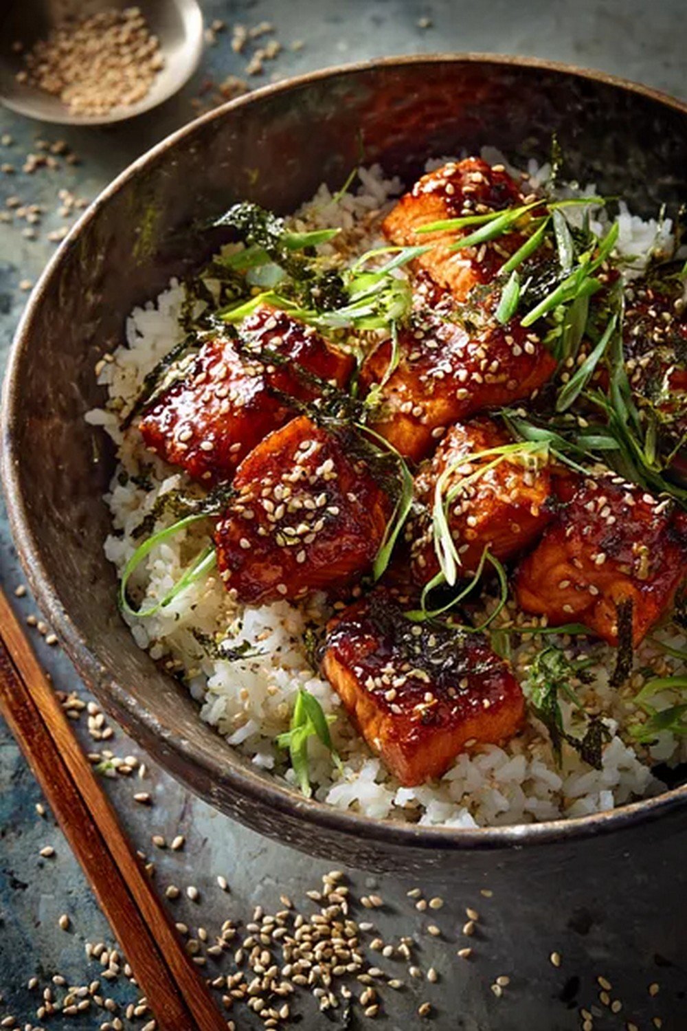 honey garlic salmon sauce served with salmon rice bowl

