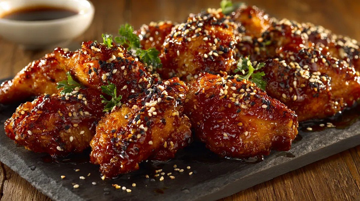 honey sesame chicken sauce coating crispy chicken
