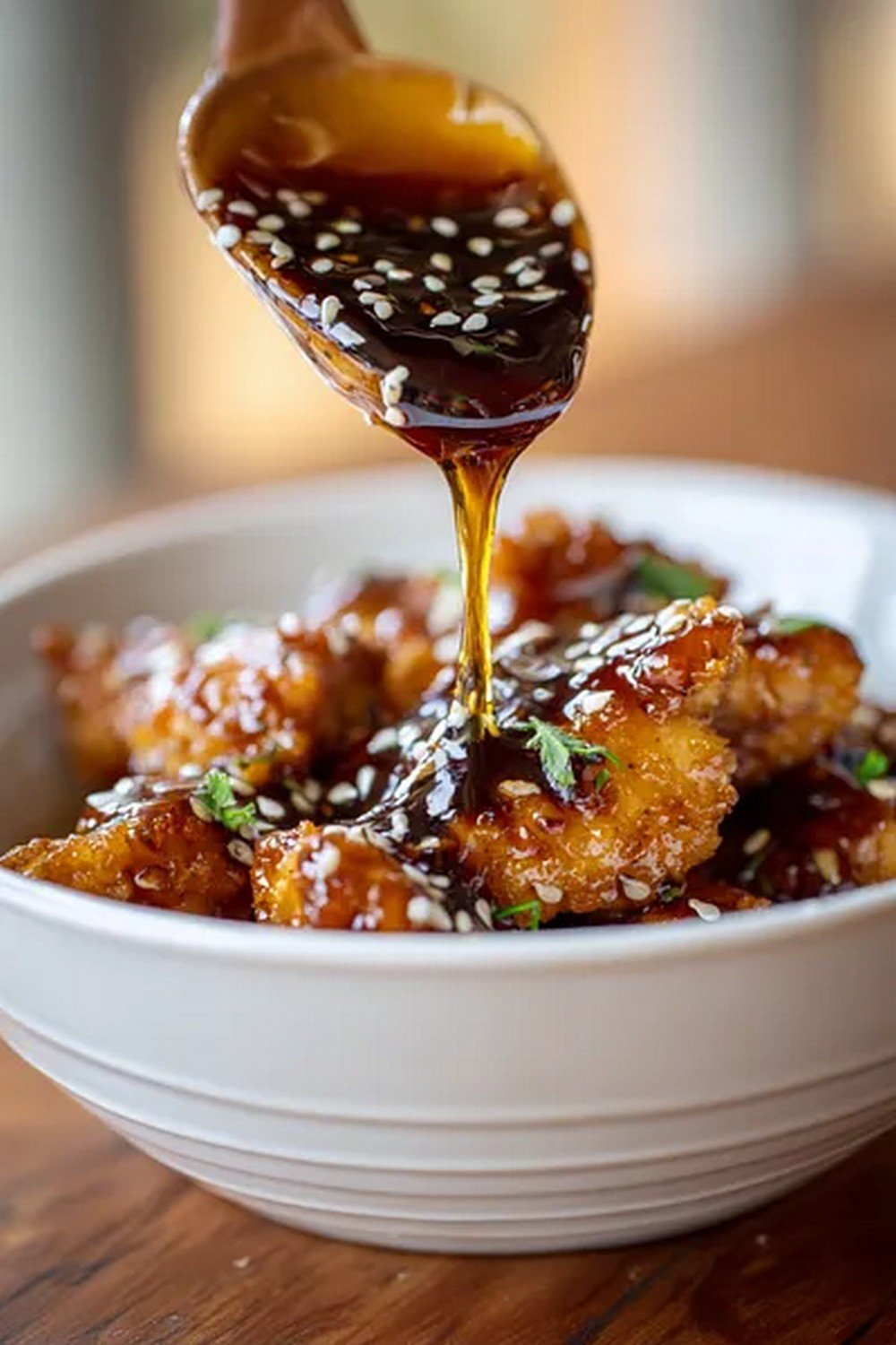 crispy chicken dipped in honey sesame chicken sauce