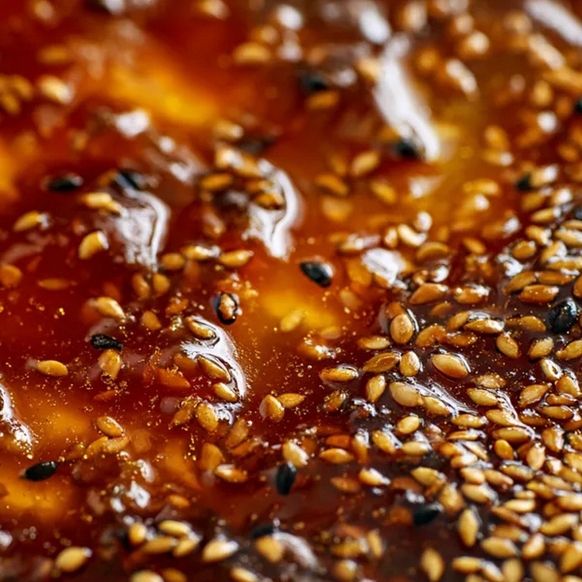 glossy honey sesame chicken sauce texture with sesame seeds