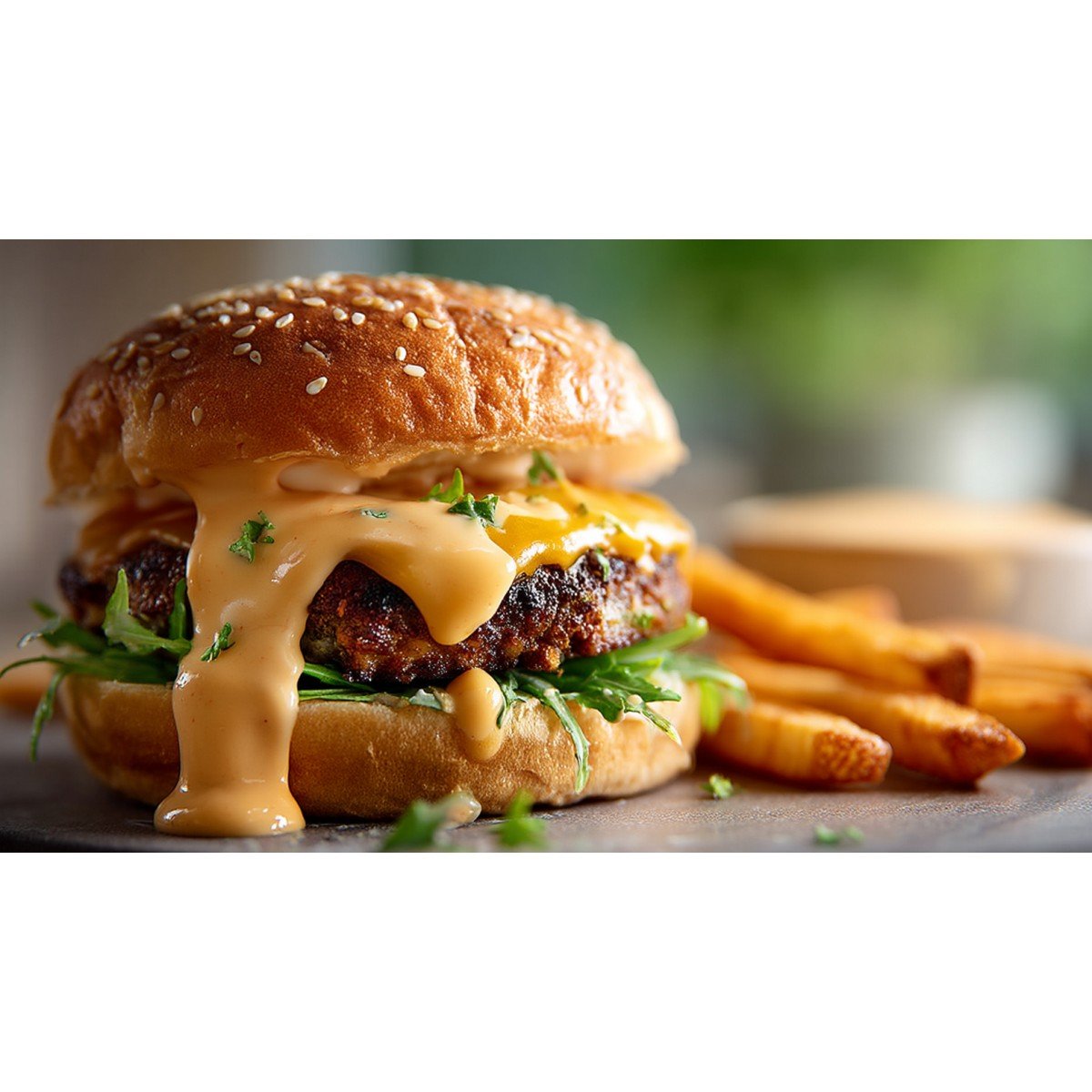 homemade In-N-Out spread inside burger with fries on side