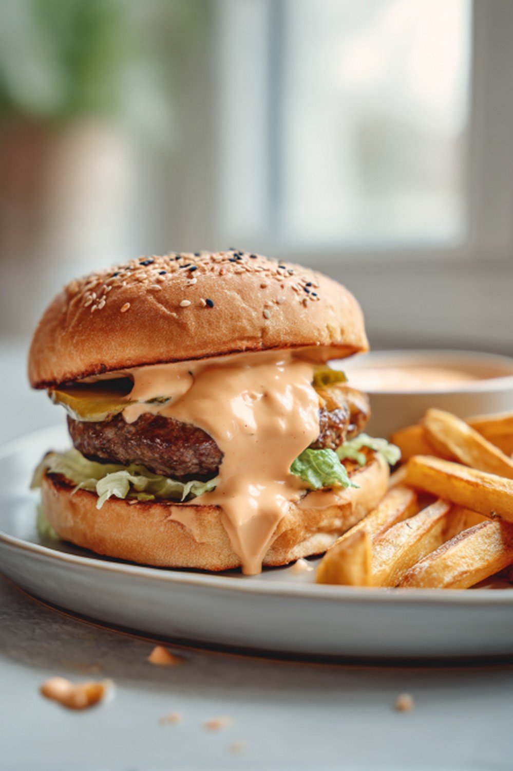 burger and fries served with In-N-Out spread on casual table
