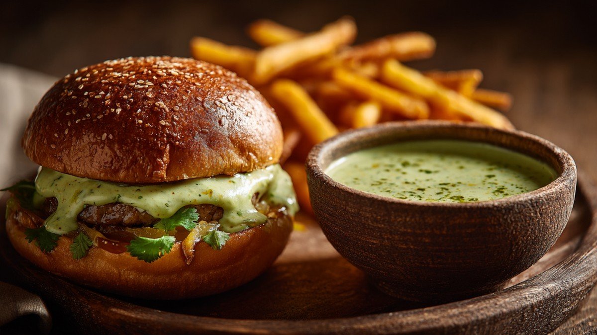 creamy jalapeno burger sauce served with burger and fries
