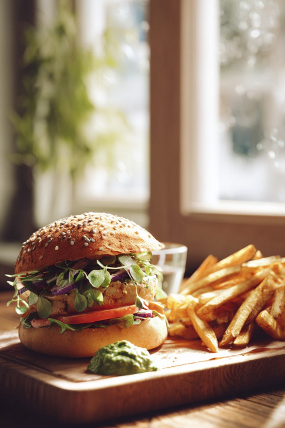 burger topped with jalapeno burger sauce on wooden table

