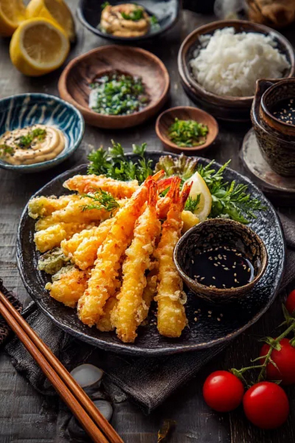 Japanese mayo served with shrimp tempura appetizer
