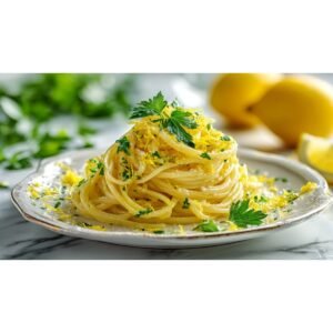 lemon butter pasta sauce coating spaghetti with lemon zest