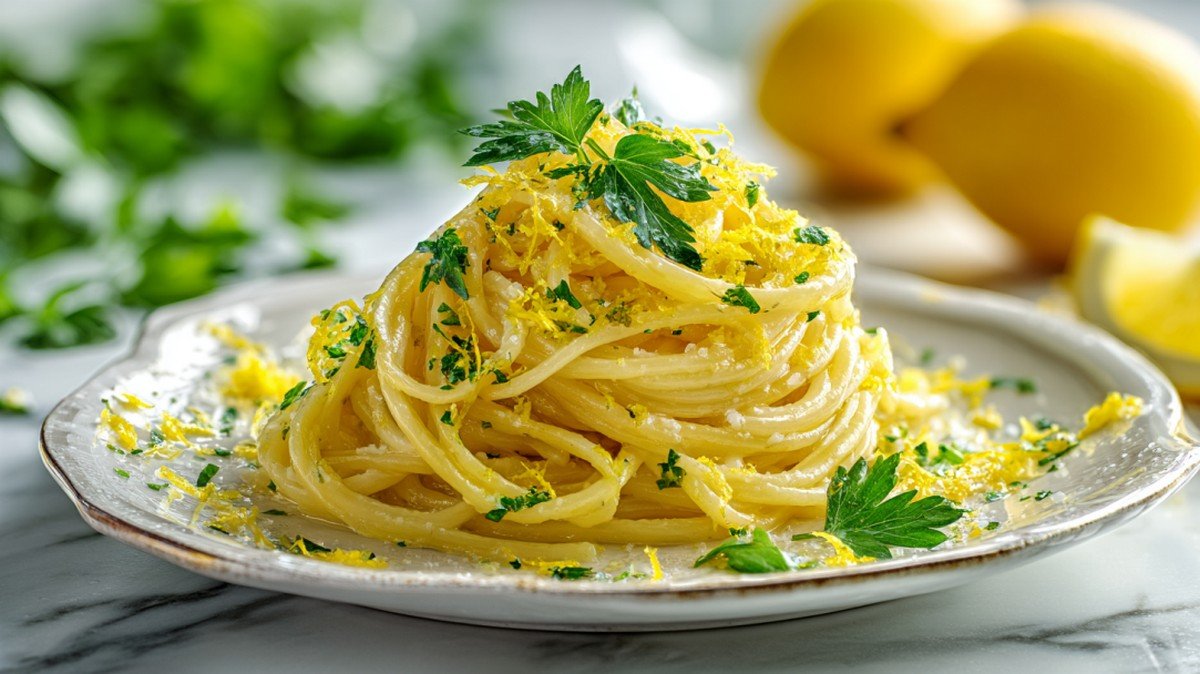 lemon butter pasta sauce coating spaghetti with lemon zest