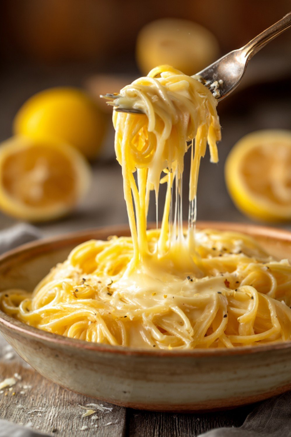 pasta lifted with fork showing lemon butter sauce coating
