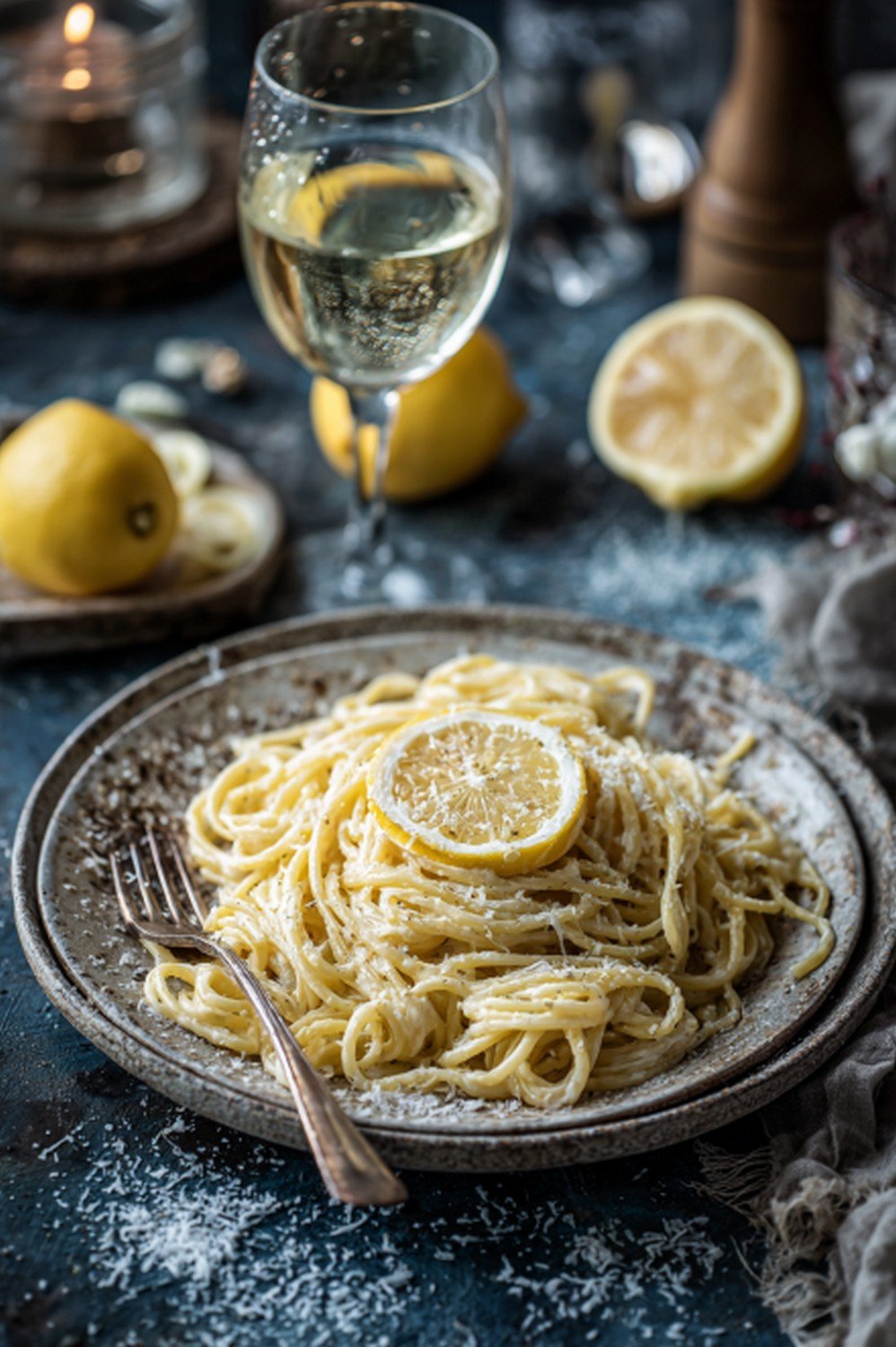 pasta dinner with lemon butter sauce served on plate