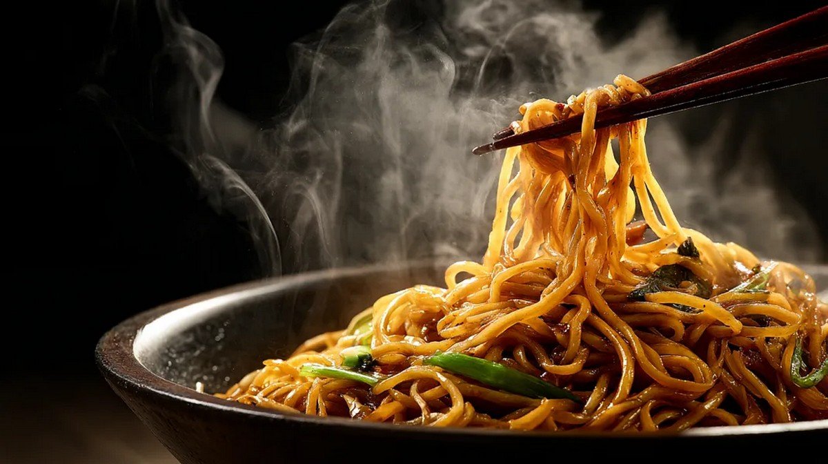 homemade lo mein noodles with vegetables and sauce