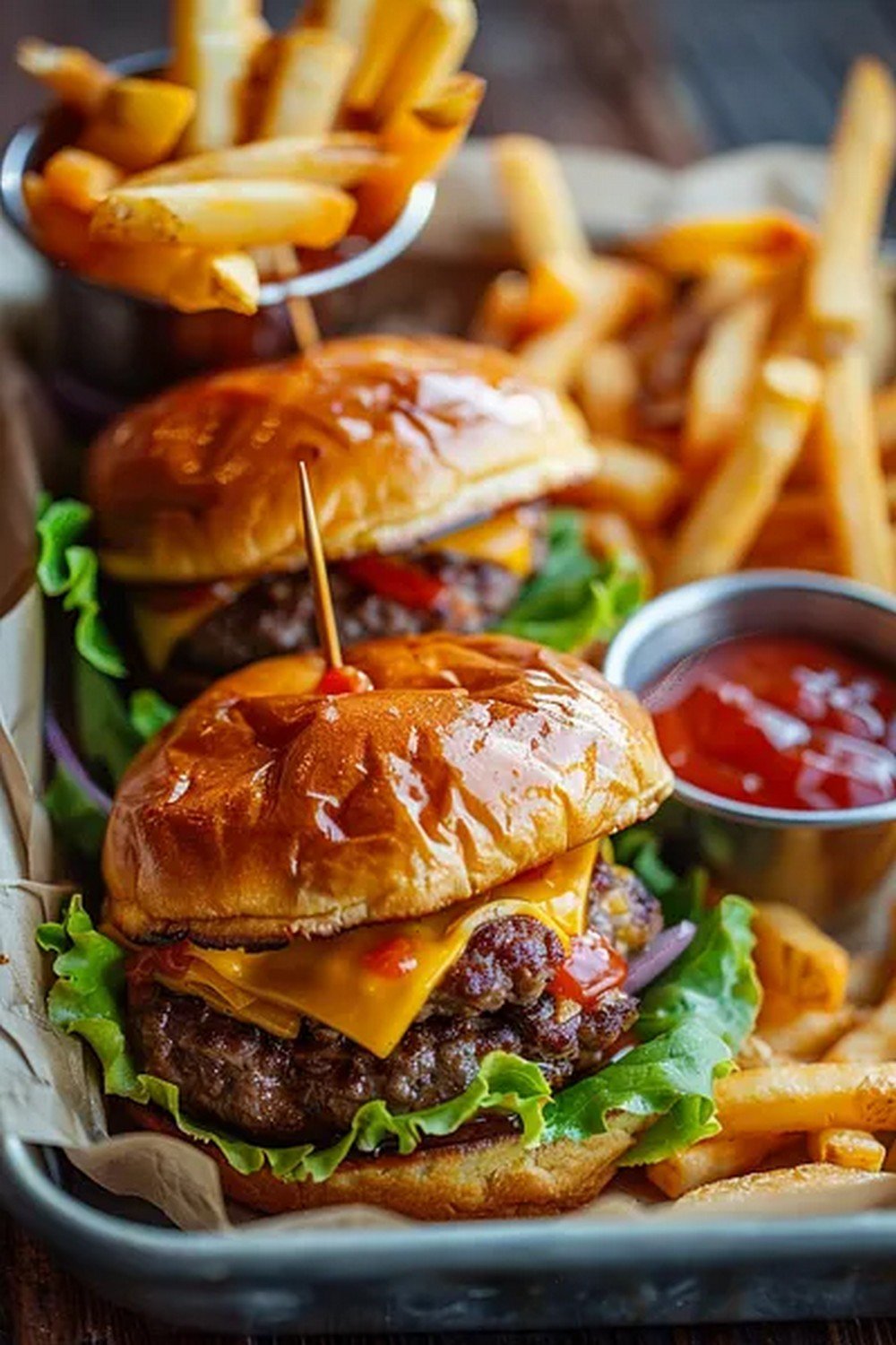 Action dip shot of Loaded Burger Sliders Tray
