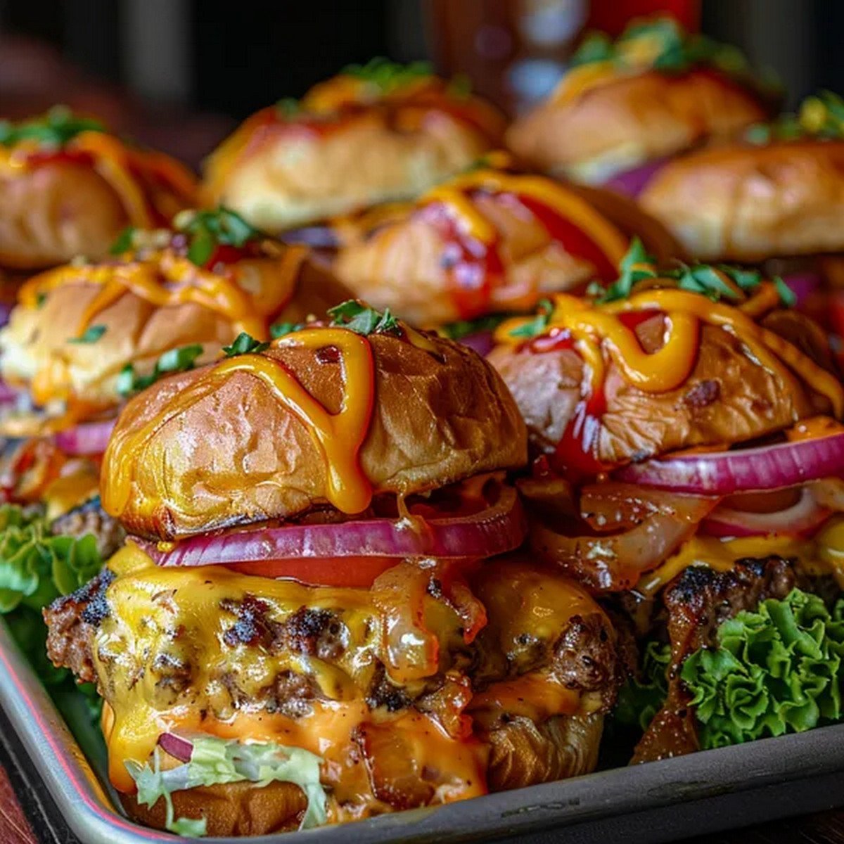 Macro texture of Loaded Burger Sliders Tray

