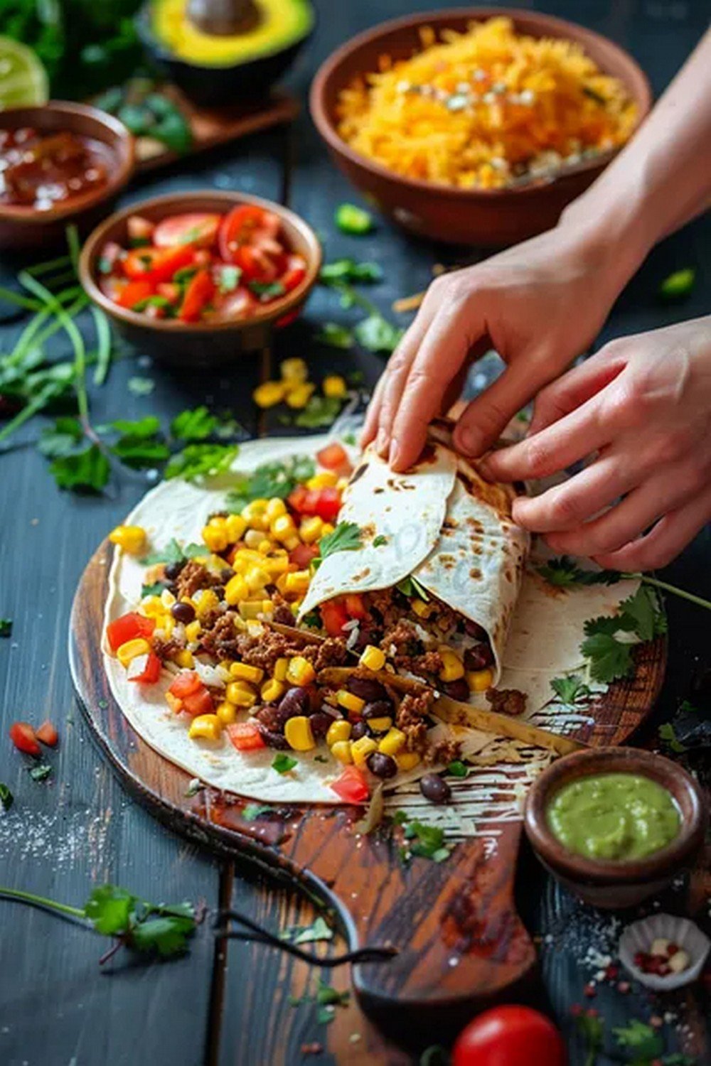 Action dip shot of Loaded Burrito Night Board
