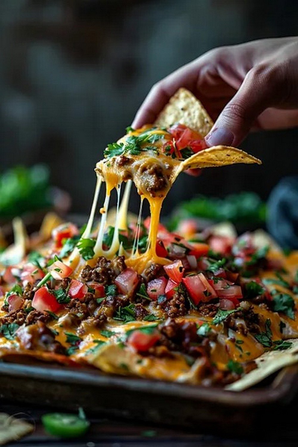 Action dip shot of Loaded Nachos Supreme
