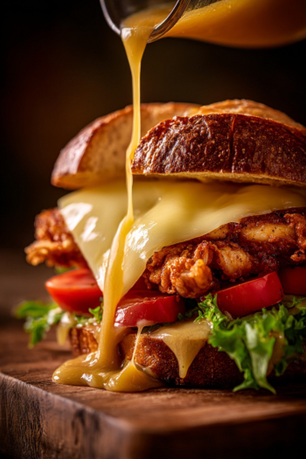 chicken dipped into maple mustard sauce with thick coating