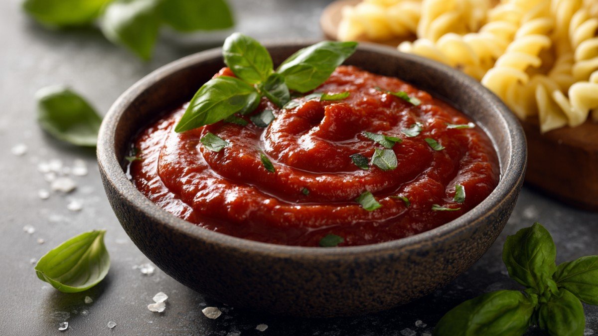 rich homemade marinara sauce served in a bowl with pasta and fresh basil
