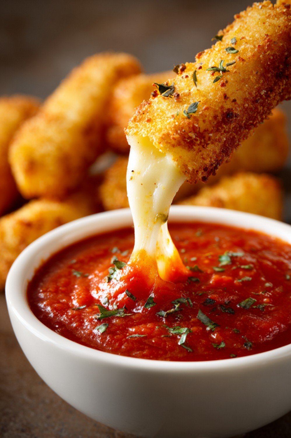 mozzarella stick dipping into homemade marinara sauce
