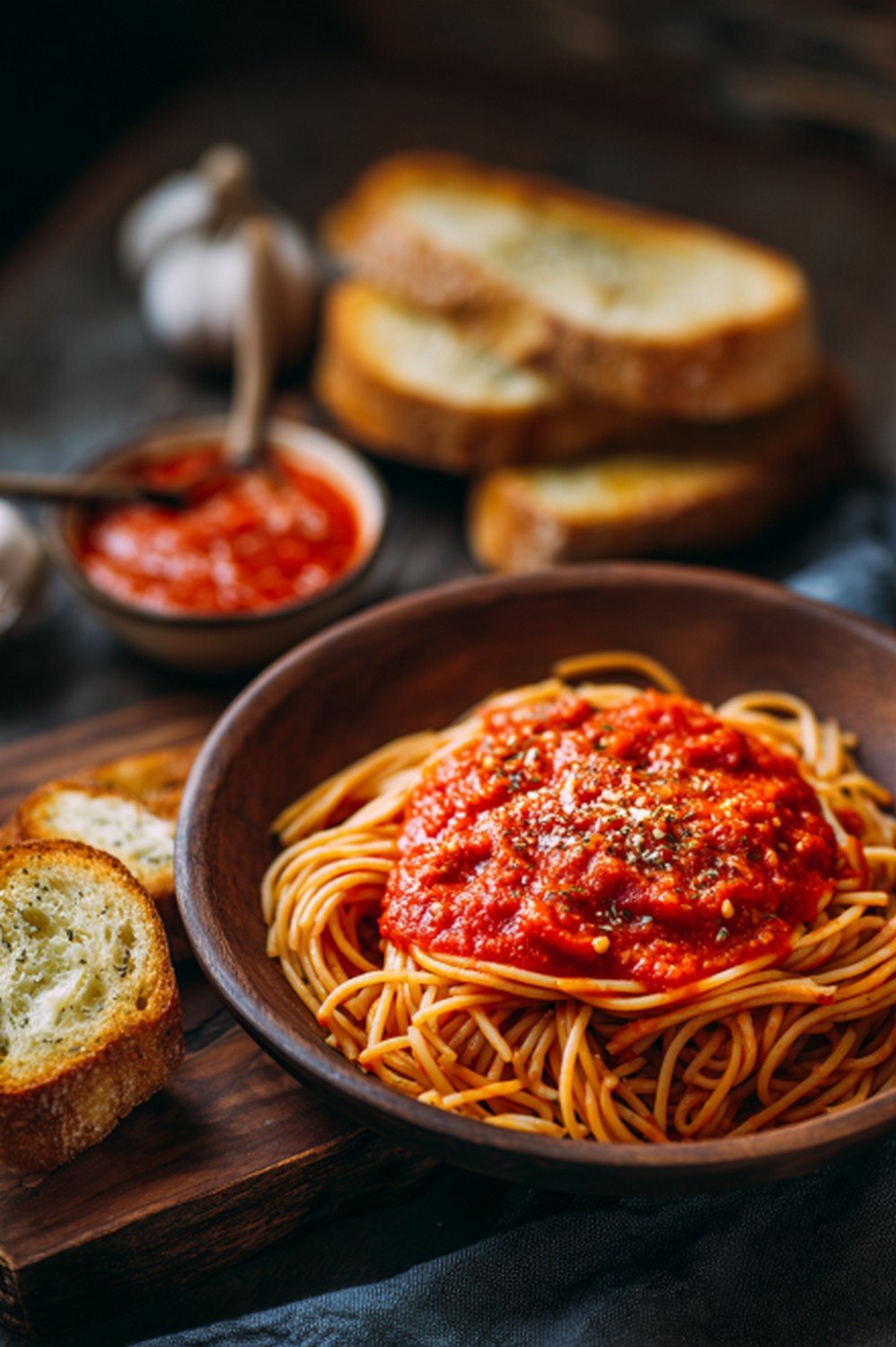 pasta dinner served with homemade marinara sauce and garlic bread
