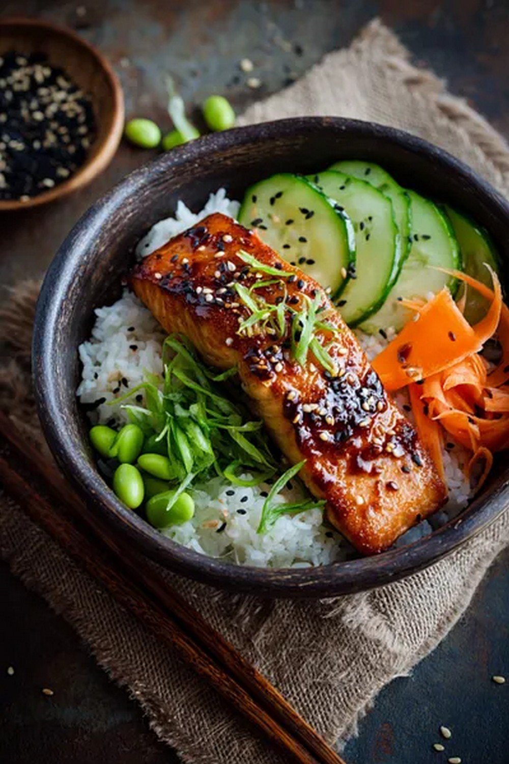 miso glaze for salmon served with rice bowl and sesame seeds