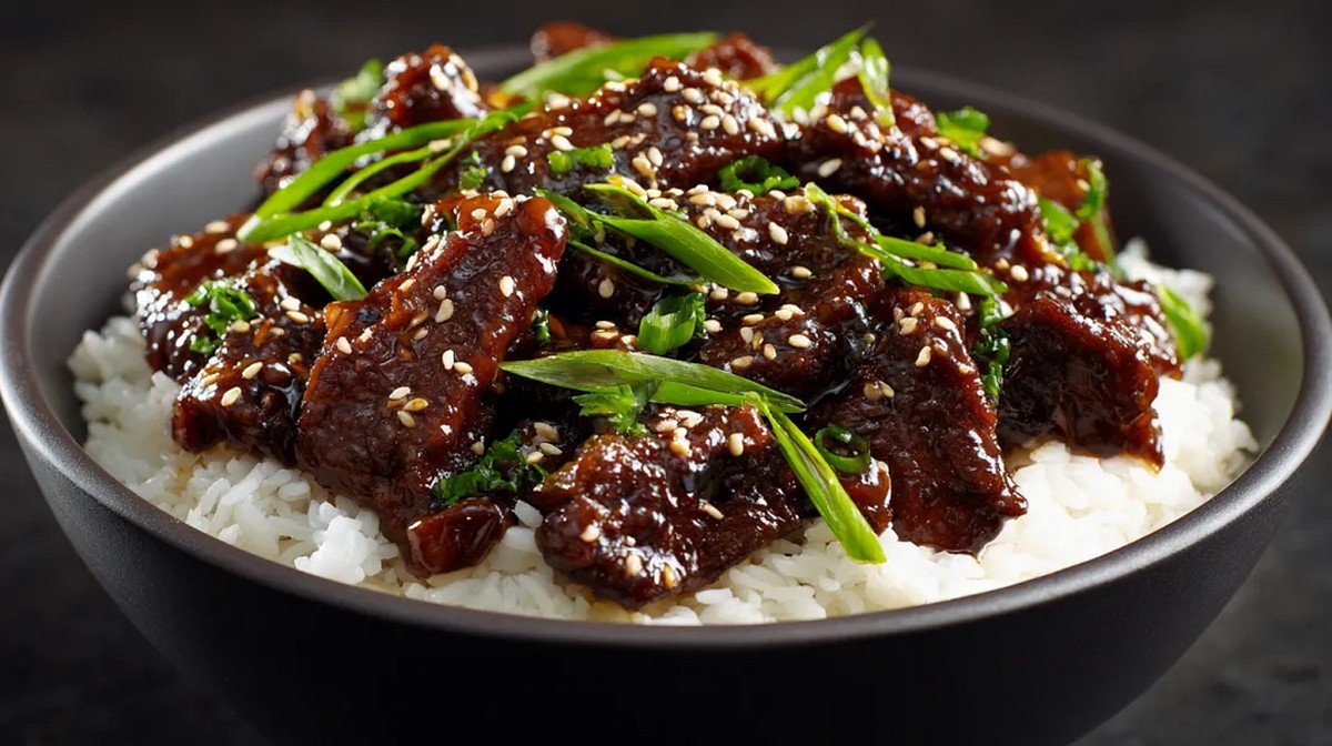 Mongolian beef bowl with glossy savory sauce