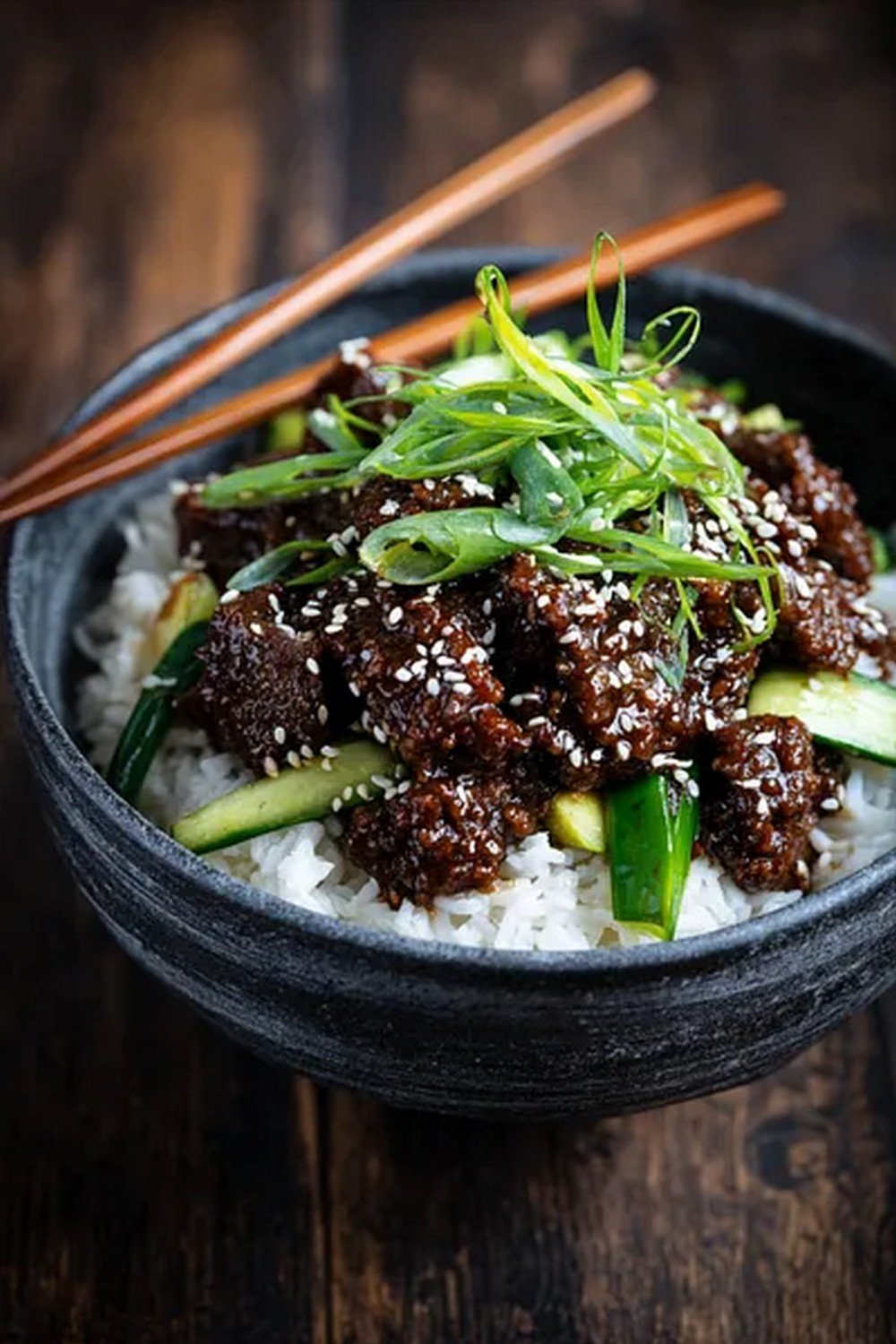 Mongolian beef bowl served with rice