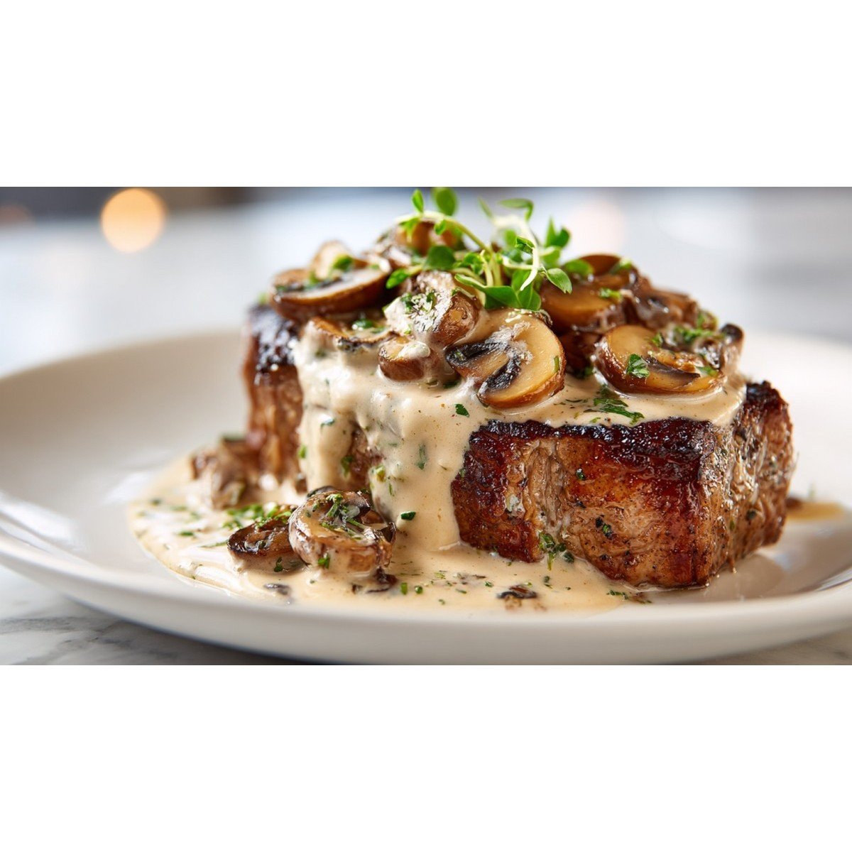 creamy mushroom sauce poured over steak with sautéed mushrooms