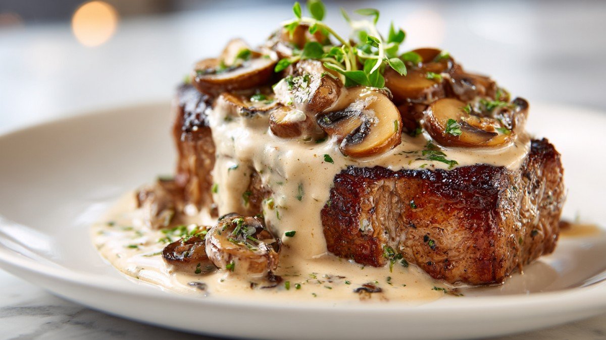 creamy mushroom sauce poured over steak with sautéed mushrooms