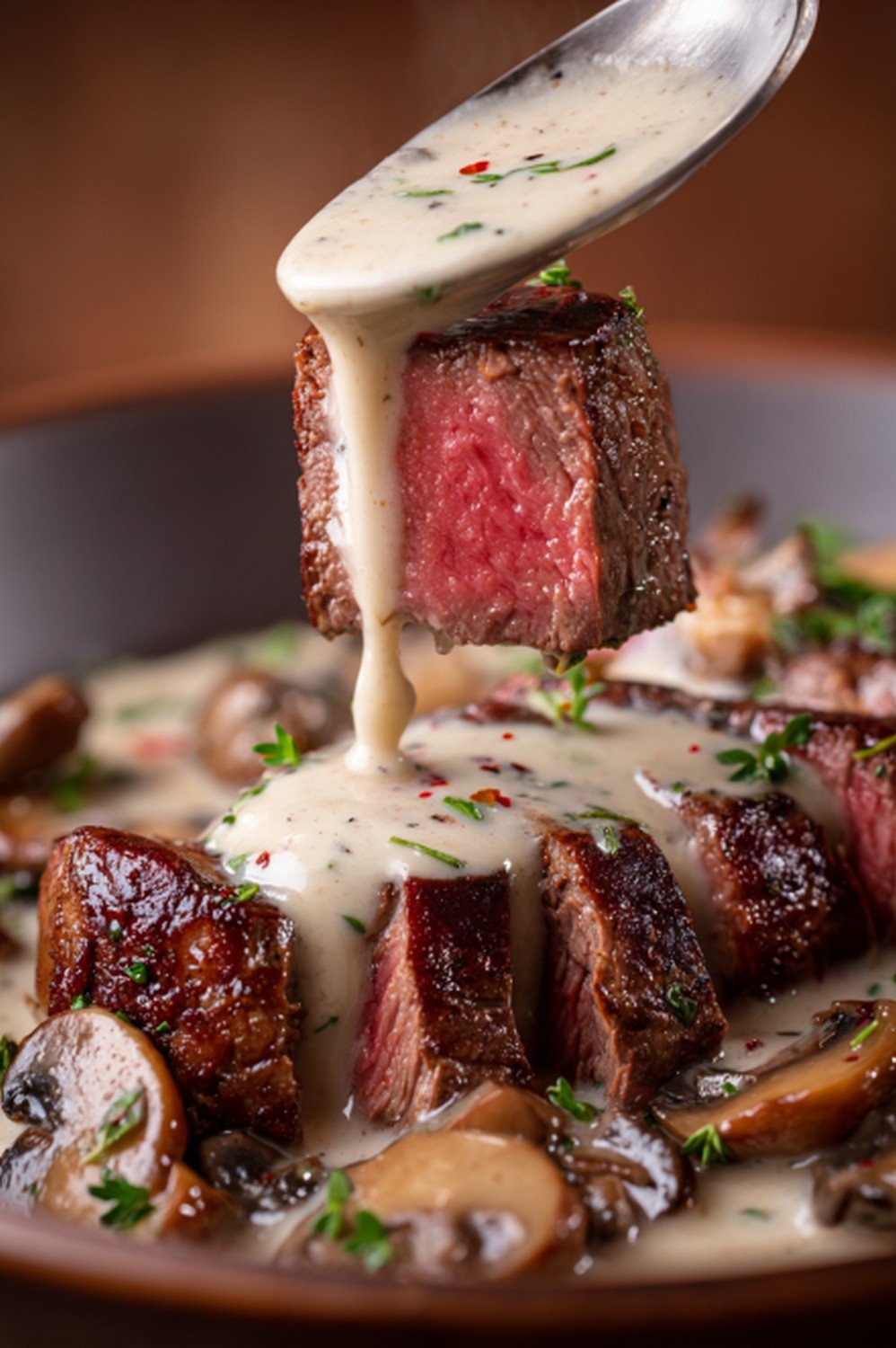steak bite dipped into creamy mushroom sauce