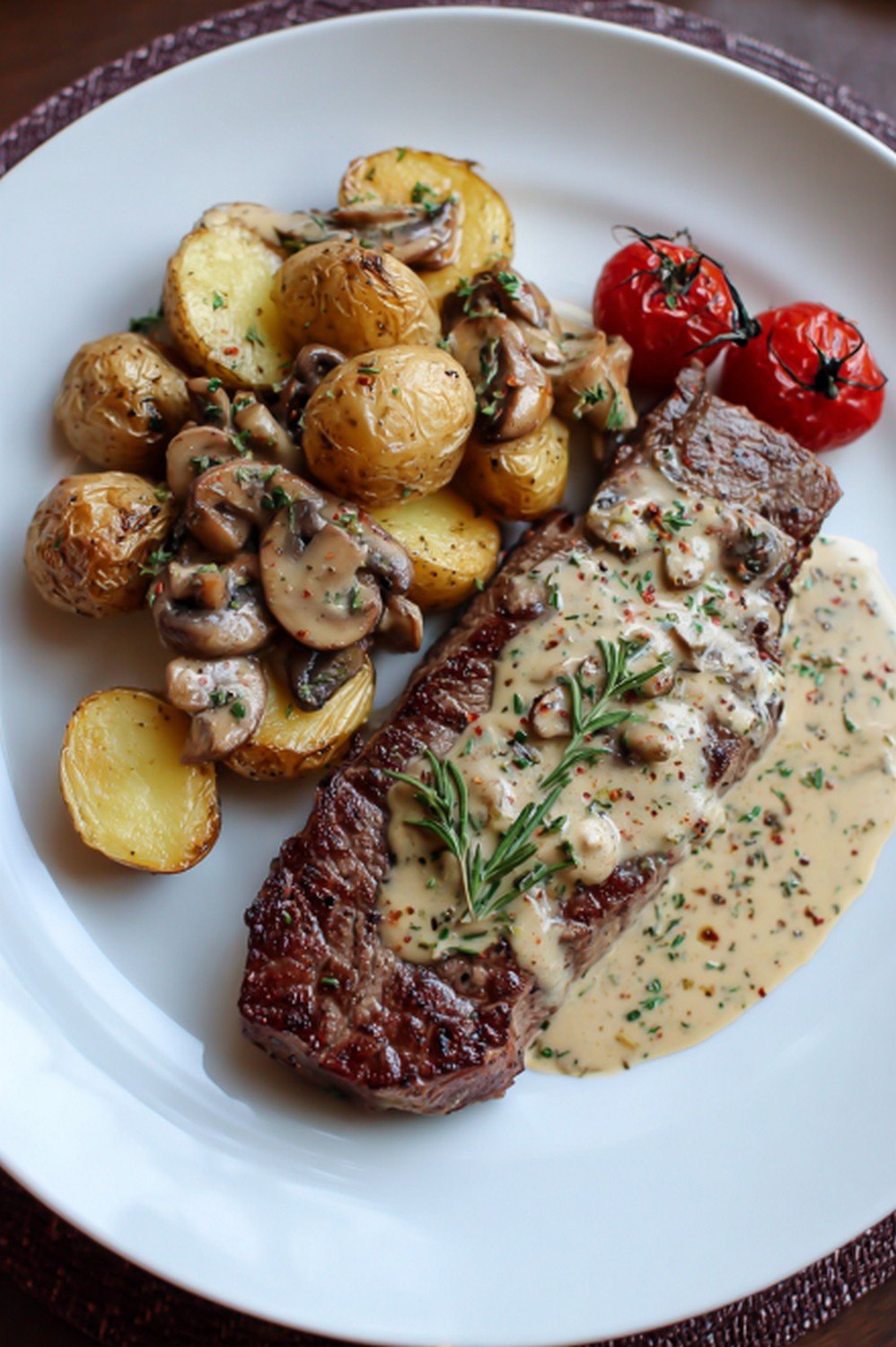 steak dinner served with mushroom cream sauce and potatoes