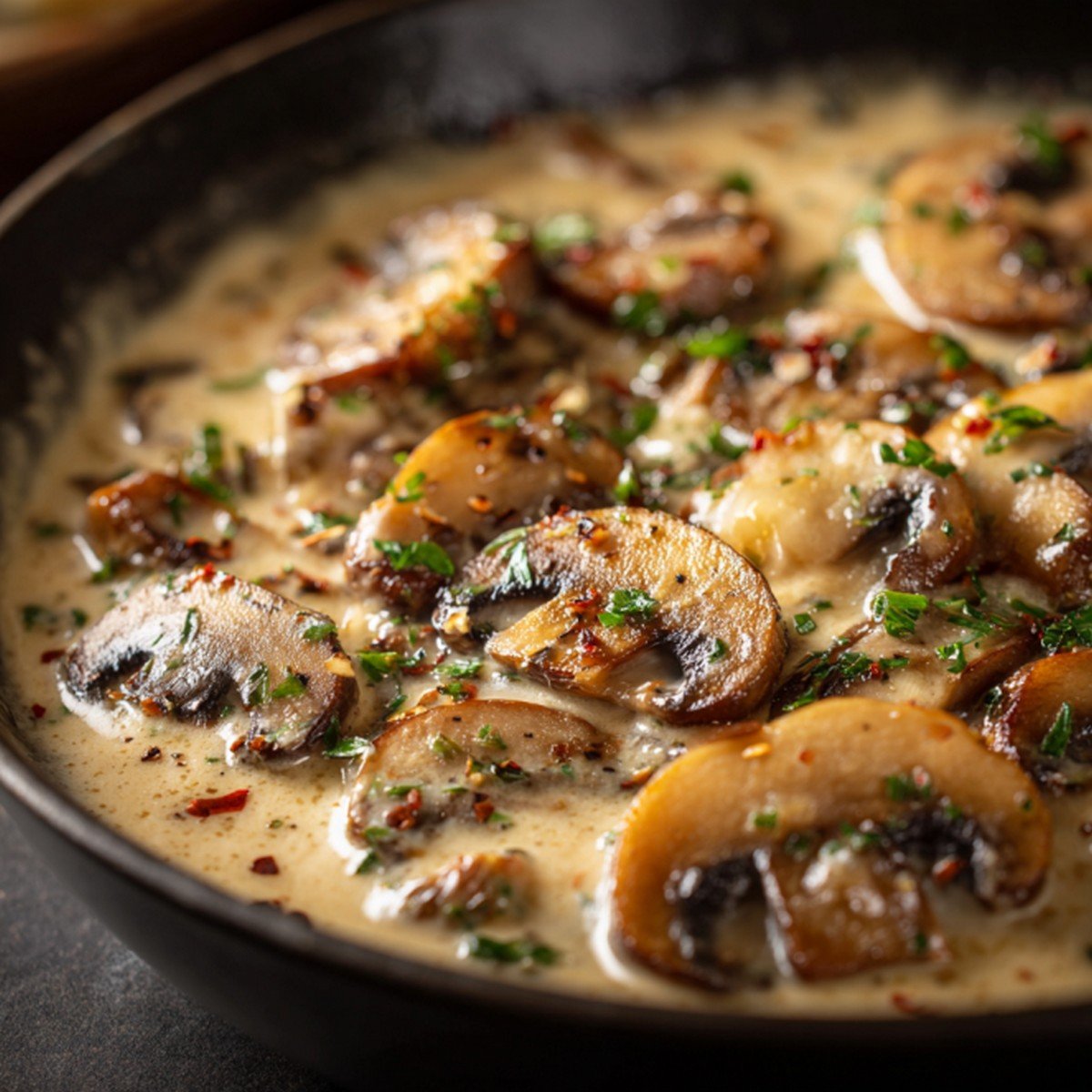 mushroom cream sauce texture showing sliced mushrooms in creamy sauce