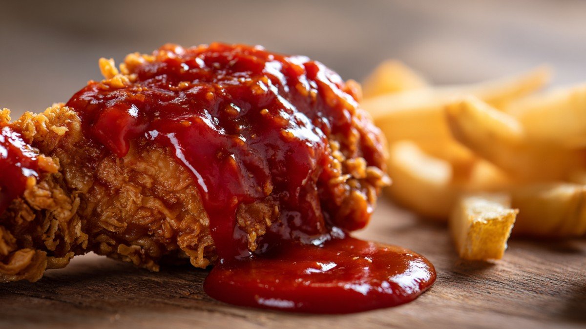 spicy Nashville hot sauce over crispy fried chicken
