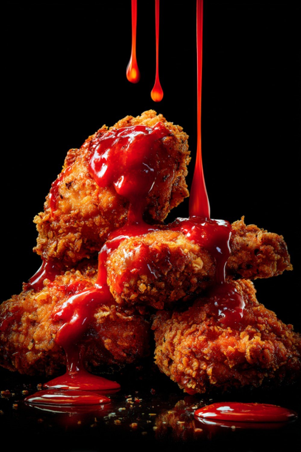 fried chicken dripping with Nashville hot sauce
