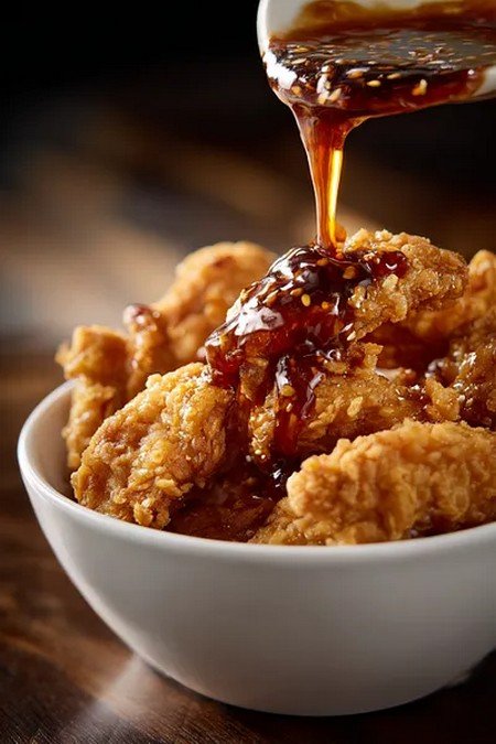 Action dip shot of Panda Express Beijing Sauce
