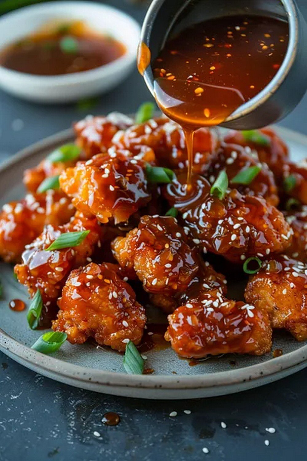 Action dip shot of Panda Express Honey Sesame Sauce