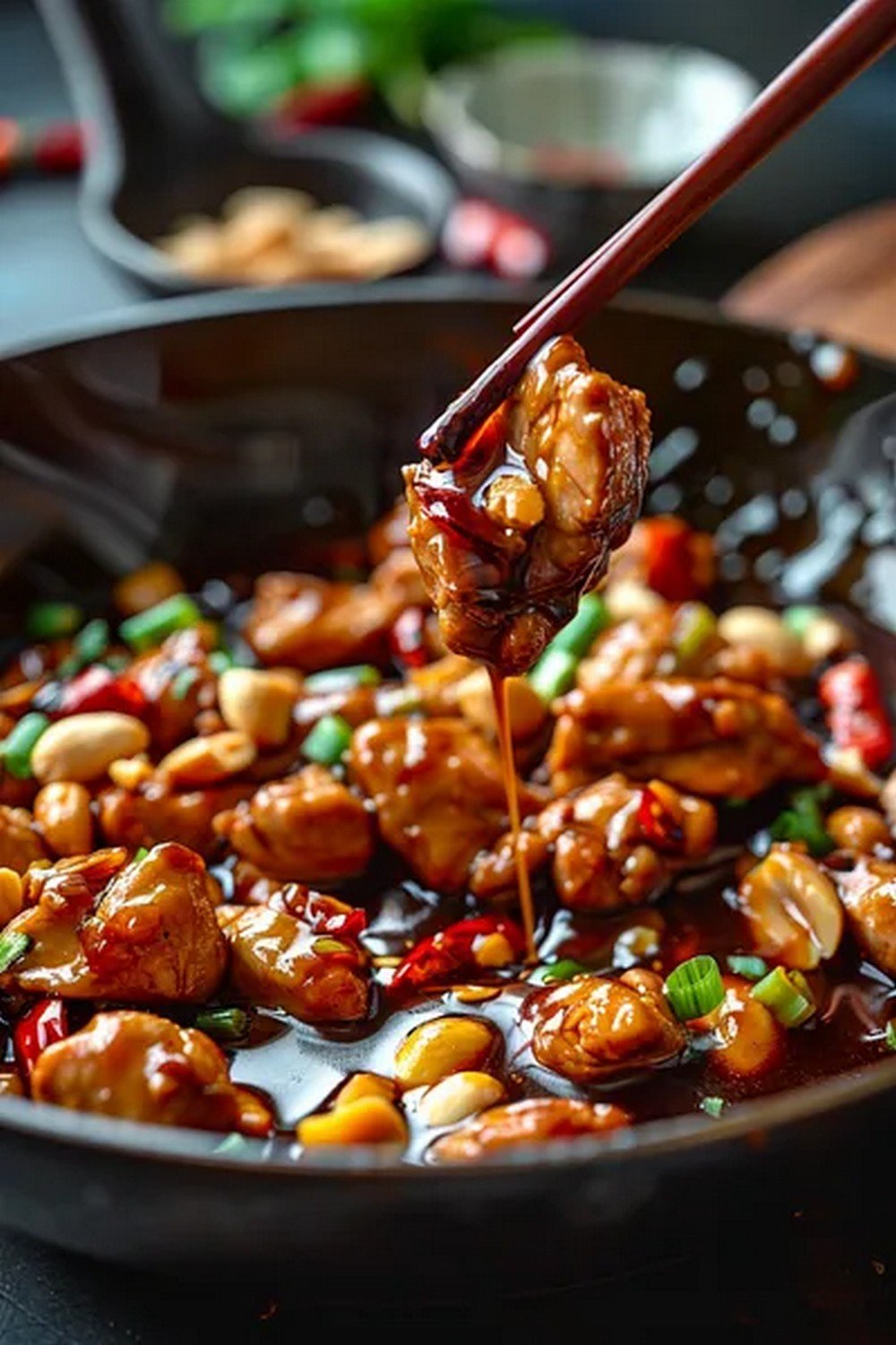 Action dip shot of Panda Express Kung Pao Sauce