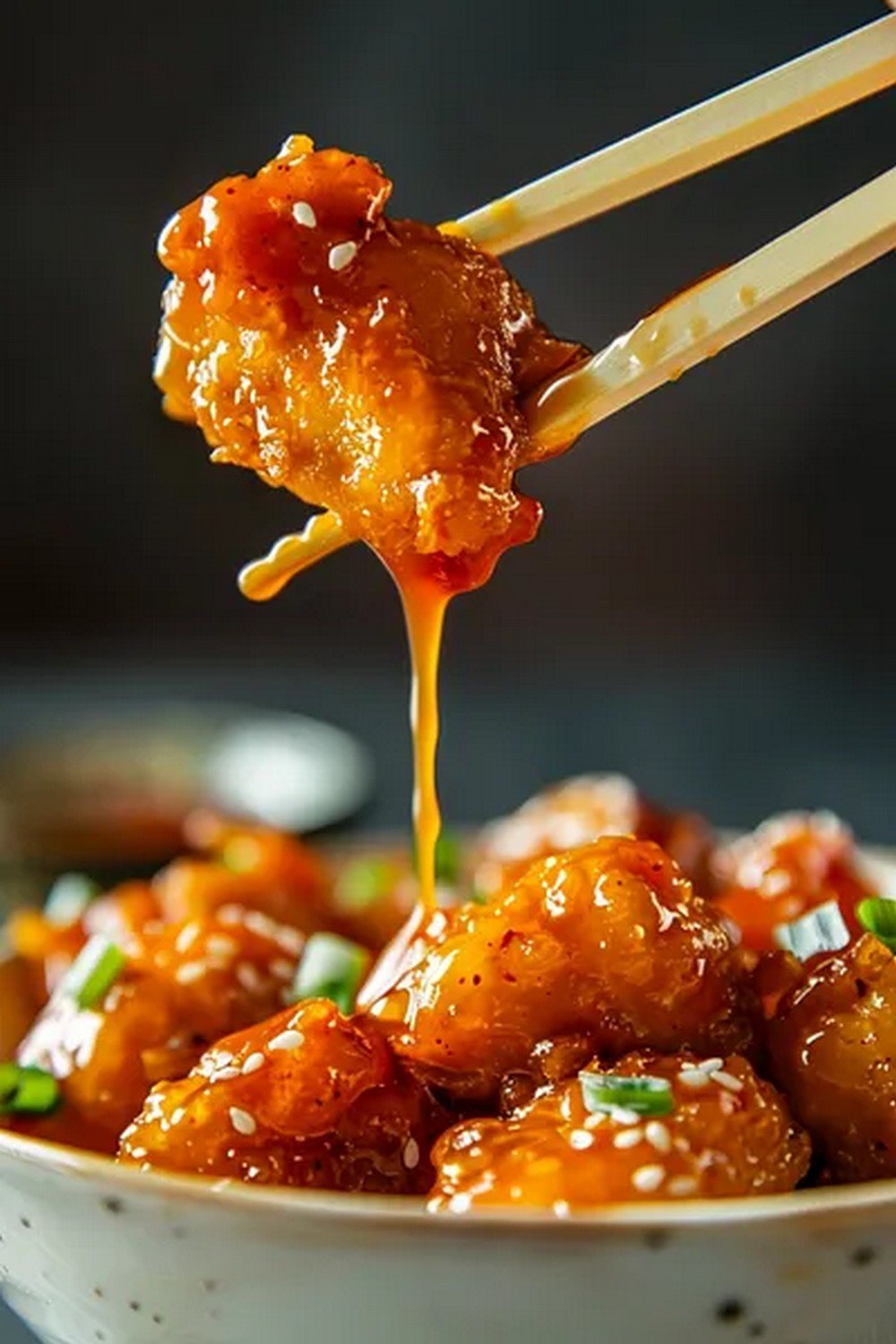 Action dip shot of Panda Express Orange Sauce
