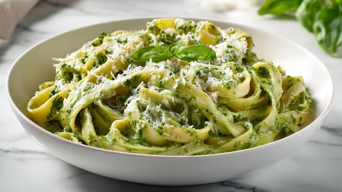 creamy pesto sauce coating pasta in a bowl with parmesan and basil