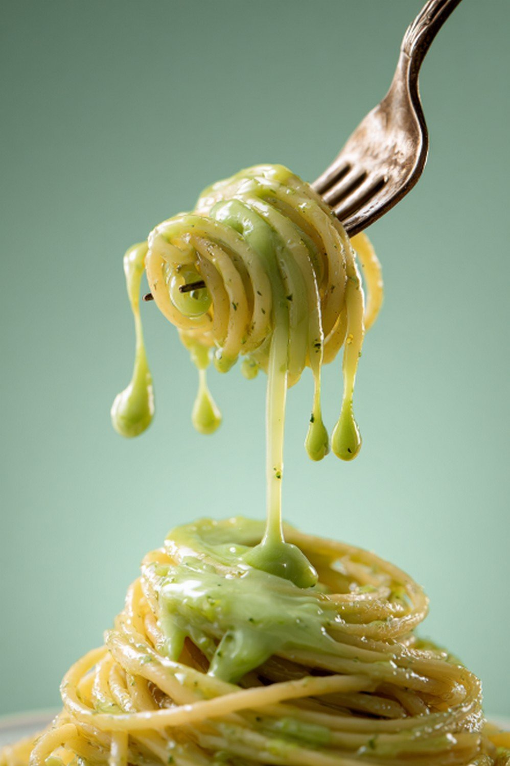pesto cream sauce dripping over pasta on a fork
