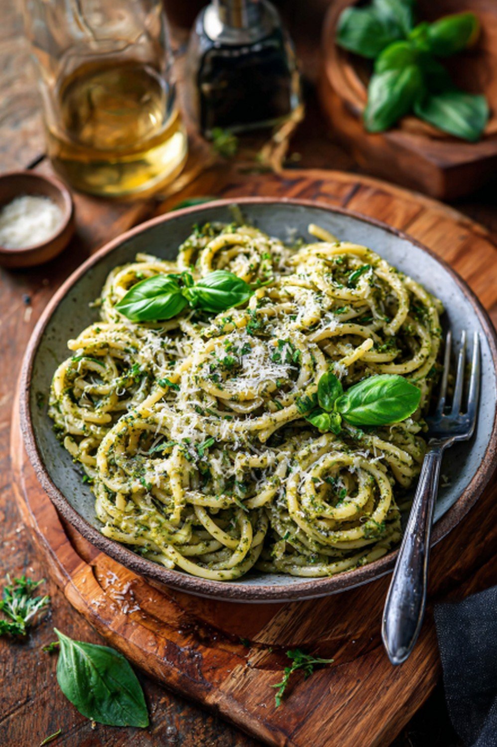 creamy pesto pasta dinner plated with parmesan cheese