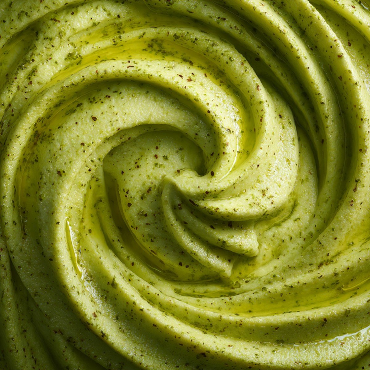 smooth pesto cream sauce texture with basil and olive oil swirl