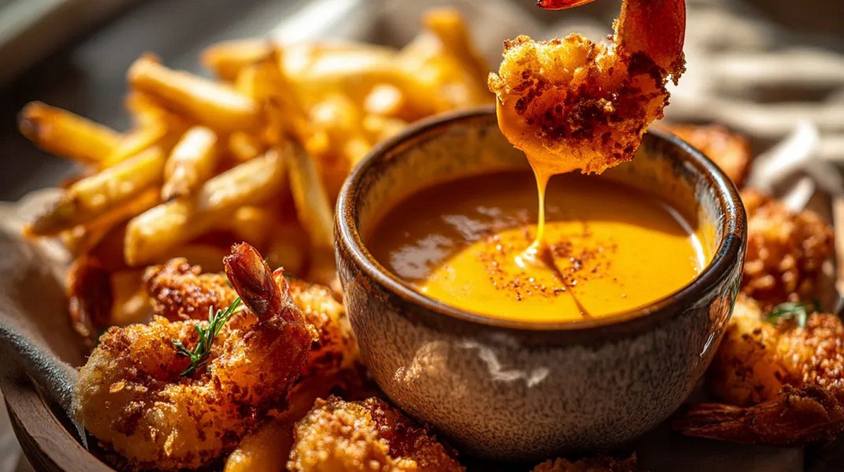 creamy PF Chang’s dynamite sauce served in a bowl with crispy shrimp