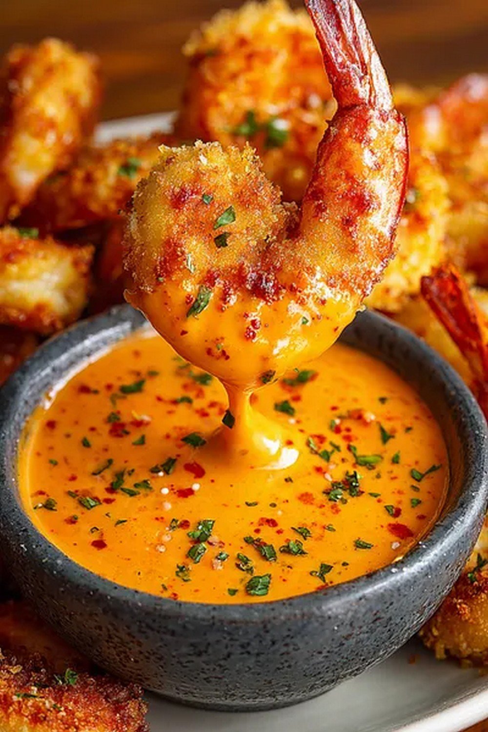 crispy shrimp dipped in PF Chang’s dynamite sauce
